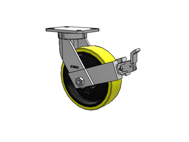 410 Series Top Plate Swivel Caster with 10 x 3 Yellow Tread on Black Cast Iron Core PF - Polyurethane (Heavy Duty Cast Iron Core) Wheel and Face Brake