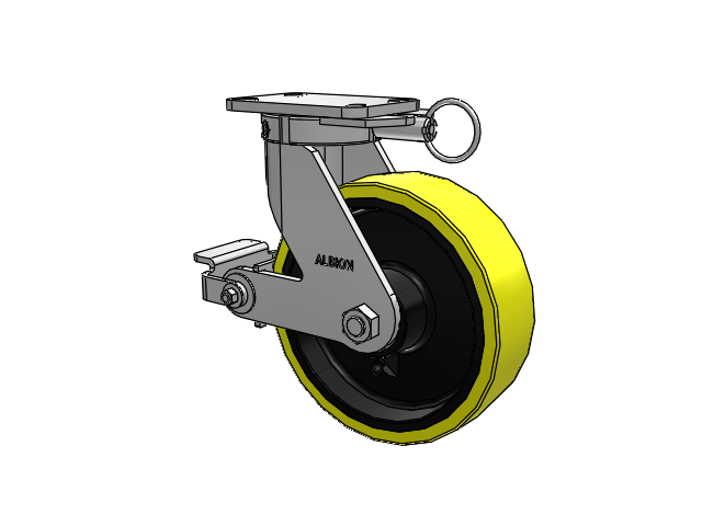 410 Series Top Plate Swivel Caster with 10 x 3 Yellow Tread on Black Cast Iron Core PF - Polyurethane (Heavy Duty Cast Iron Core) Wheel and Poly Cam Brake