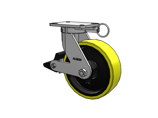 410 Series Top Plate Swivel Caster with 10 x 3 Yellow Tread on Black Cast Iron Core PF - Polyurethane (Heavy Duty Cast Iron Core) Wheel and Poly Lock Integrated Brake