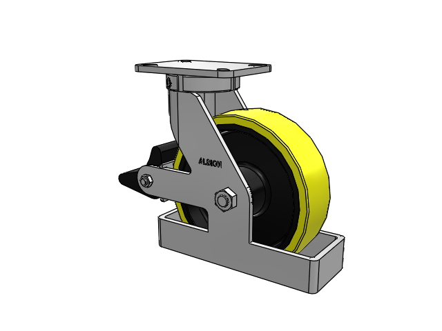 410 Series Top Plate Swivel Caster with 10 x 3 Yellow Tread on Black Cast Iron Core PF - Polyurethane (Heavy Duty Cast Iron Core) Wheel and Poly Lock Integrated Brake