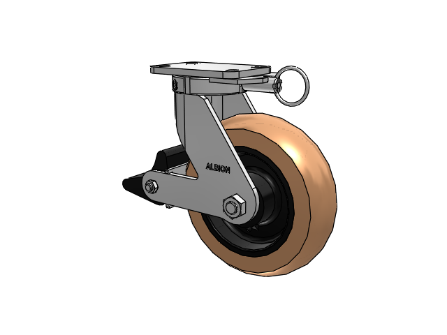 410 Series Top Plate Swivel Caster with 10 x 3 Red-Brown Tread on Black Cast Iron Core PR - Round Polyurethane (Cast Iron Core) Wheel and Poly Lock Integrated Brake