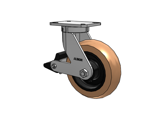 410 Series Top Plate Swivel Caster with 10 x 3 Red-Brown Tread on Black Cast Iron Core PR - Round Polyurethane (Cast Iron Core) Wheel and Poly Lock Integrated Brake