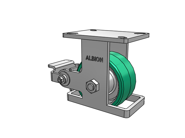 410 Series Top Plate Rigid Caster with 6 x 3 Green Tread on Black Cast Iron Core PX - Thick Polyurethane (Cast Iron Core) Wheel and Poly Cam Brake