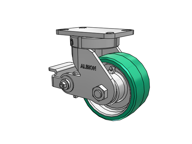 410 Series Top Plate Swivel Caster with 6 x 3 Green Tread on Black Cast Iron Core PX - Thick Polyurethane (Cast Iron Core) Wheel and Poly Cam Brake