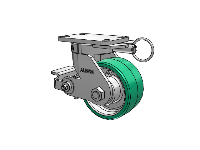 410 Series Top Plate Swivel Caster with 6 x 3 Green Tread on Black Cast Iron Core PX - Thick Polyurethane (Cast Iron Core) Wheel and Poly Cam Brake