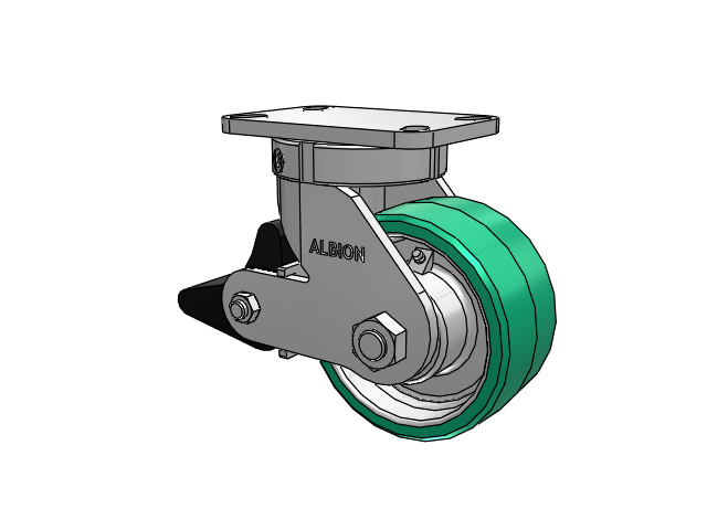 410 Series Top Plate Swivel Caster with 6 x 3 Green Tread on Black Cast Iron Core PX - Thick Polyurethane (Cast Iron Core) Wheel and Poly Lock Integrated Brake