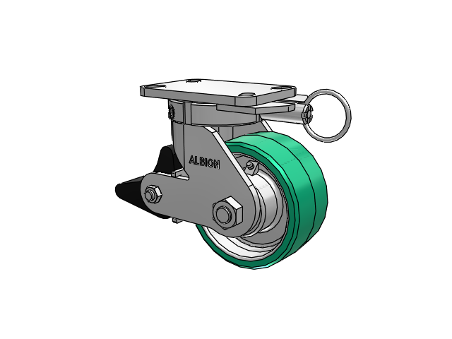 410 Series Top Plate Swivel Caster with 6 x 3 Green Tread on Black Cast Iron Core PX - Thick Polyurethane (Cast Iron Core) Wheel and Poly Lock Integrated Brake
