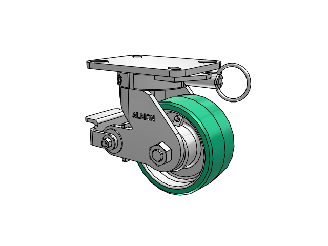 410 Series Top Plate Swivel Caster with 6 x 3 Green Tread on Black Cast Iron Core PX - Thick Polyurethane (Cast Iron Core) Wheel and Poly Cam Brake