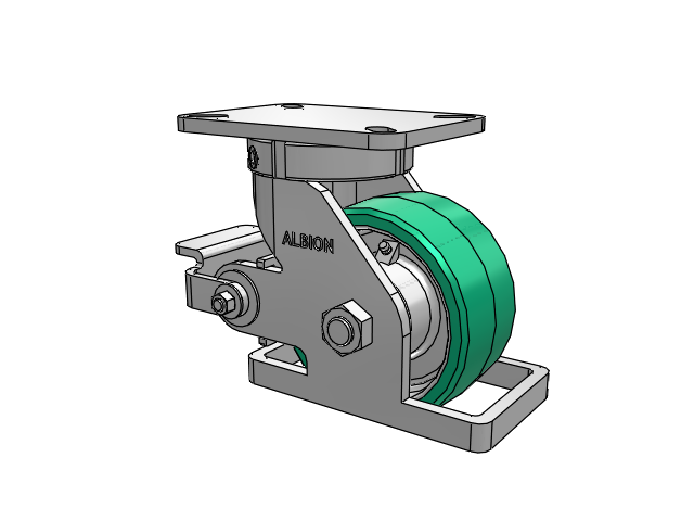 410 Series Top Plate Swivel Caster with 6 x 3 Green Tread on Black Cast Iron Core PX - Thick Polyurethane (Cast Iron Core) Wheel and Poly Cam Brake