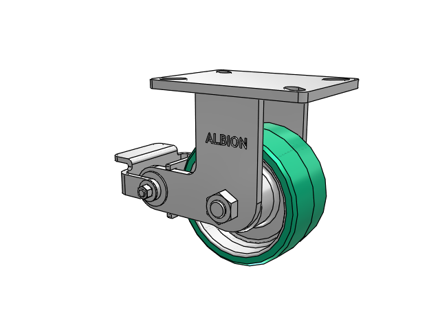 410 Series Top Plate Rigid Caster with 6 x 3 Green Tread on Black Cast Iron Core PX - Thick Polyurethane (Cast Iron Core) Wheel and Poly Cam Brake