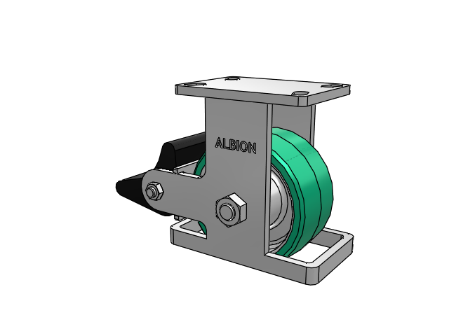 410 Series Top Plate Rigid Caster with 6 x 3 Green Tread on Black Cast Iron Core PX - Thick Polyurethane (Cast Iron Core) Wheel and Poly Lock Integrated Brake