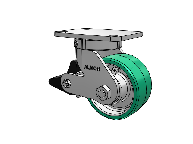 410 Series Top Plate Swivel Caster with 6 x 3 Green Tread on Black Cast Iron Core PX - Thick Polyurethane (Cast Iron Core) Wheel and Poly Lock Integrated Brake