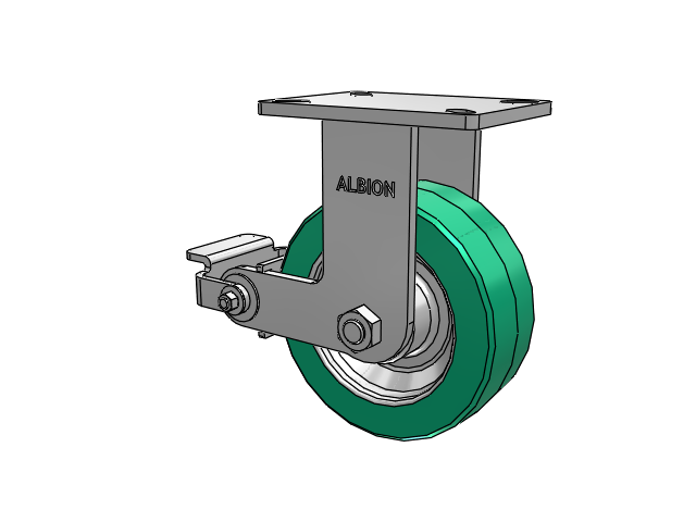 410 Series Top Plate Rigid Caster with 8 x 3 Green Tread on Black Cast Iron Core PX - Thick Polyurethane (Cast Iron Core) Wheel and Poly Cam Brake