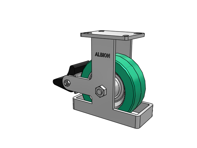 410 Series Top Plate Rigid Caster with 8 x 3 Green Tread on Black Cast Iron Core PX - Thick Polyurethane (Cast Iron Core) Wheel and Poly Lock Integrated Brake