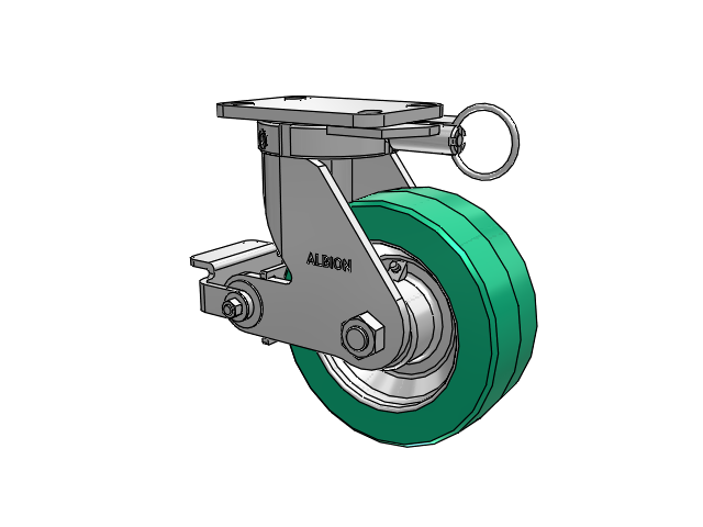 410 Series Top Plate Swivel Caster with 8 x 3 Green Tread on Black Cast Iron Core PX - Thick Polyurethane (Cast Iron Core) Wheel and Poly Cam Brake