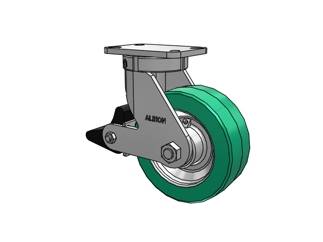 410 Series Top Plate Swivel Caster with 8 x 3 Green Tread on Black Cast Iron Core PX - Thick Polyurethane (Cast Iron Core) Wheel and Poly Lock Integrated Brake