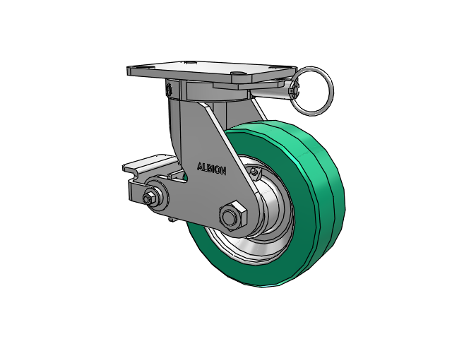 Rueda giratoria con placa superior de la serie 410, con banda de rodadura verde de 8 x 3 sobre núcleo de hierro fundido negro PX: rueda de poliuretano grueso (núcleo de hierro fundido) y freno Poly Cam