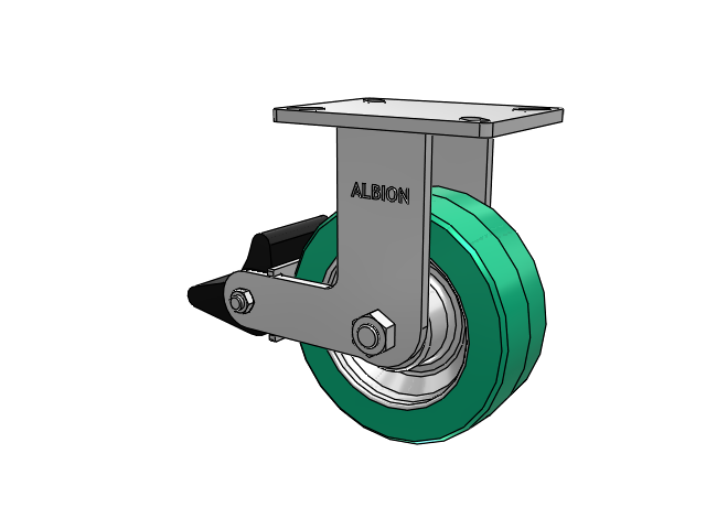 410 Series Top Plate Rigid Caster with 8 x 3 Green Tread on Black Cast Iron Core PX - Thick Polyurethane (Cast Iron Core) Wheel and Poly Lock Integrated Brake