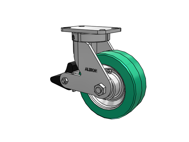 410 Series Top Plate Swivel Caster with 8 x 3 Green Tread on Black Cast Iron Core PX - Thick Polyurethane (Cast Iron Core) Wheel and Poly Lock Integrated Brake