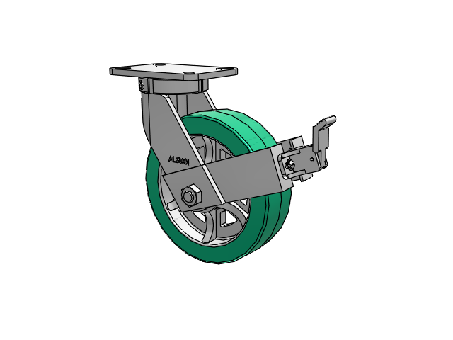 410 Series Top Plate Swivel Caster with 10 x 3 Green Tread on Black Cast Iron Core PX - Thick Polyurethane (Cast Iron Core) Wheel and Face Brake