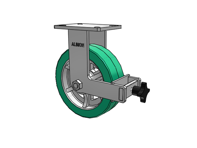410 Series Top Plate Rigid Caster with 10 x 3 Green Tread on Black Cast Iron Core PX - Thick Polyurethane (Cast Iron Core) Wheel and Face Brake