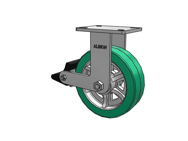 410 Series Top Plate Rigid Caster with 10 x 3 Green Tread on Black Cast Iron Core PX - Thick Polyurethane (Cast Iron Core) Wheel and Poly Lock Integrated Brake