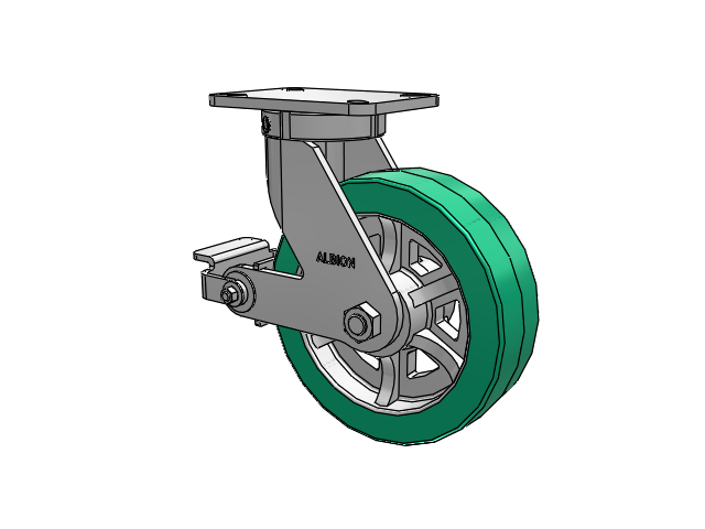 410 Series Top Plate Swivel Caster with 10 x 3 Green Tread on Black Cast Iron Core PX - Thick Polyurethane (Cast Iron Core) Wheel and Poly Cam Brake