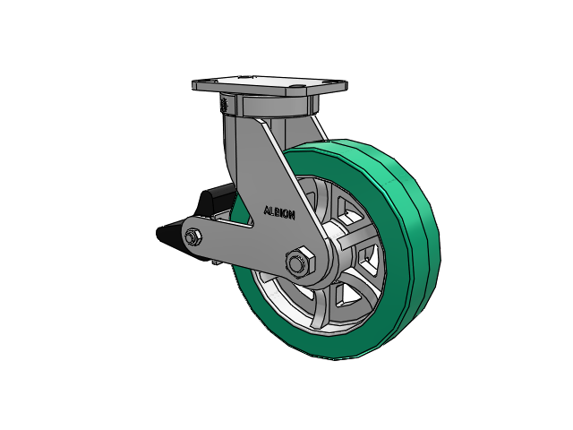 410 Series Top Plate Swivel Caster with 10 x 3 Green Tread on Black Cast Iron Core PX - Thick Polyurethane (Cast Iron Core) Wheel and Poly Lock Integrated Brake