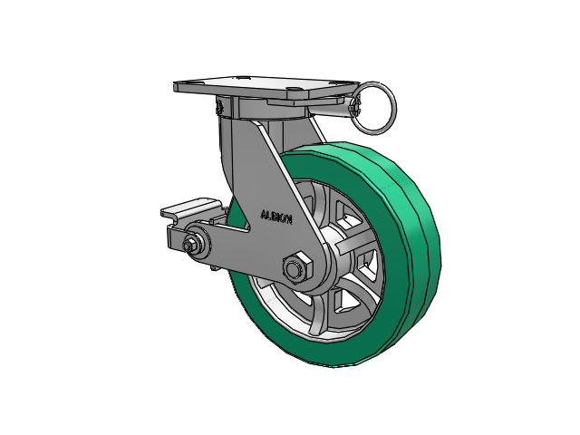 410 Series Top Plate Swivel Caster with 10 x 3 Green Tread on Black Cast Iron Core PX - Thick Polyurethane (Cast Iron Core) Wheel and Poly Cam Brake