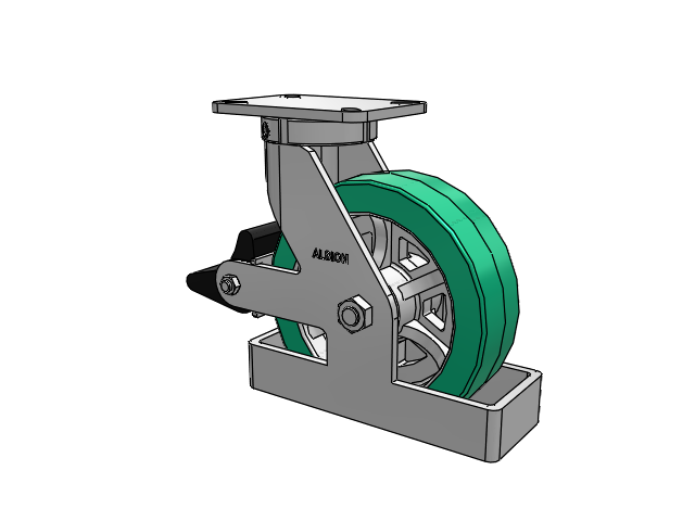 410 Series Top Plate Swivel Caster with 10 x 3 Green Tread on Black Cast Iron Core PX - Thick Polyurethane (Cast Iron Core) Wheel and Poly Lock Integrated Brake
