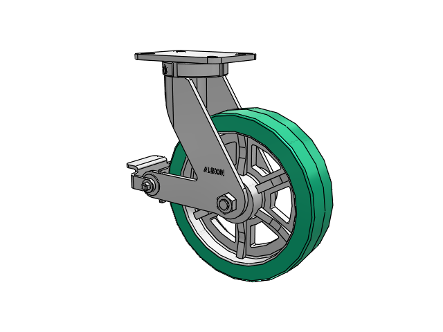 410 Series Top Plate Swivel Caster with 12 x 3 Green Tread on Black Cast Iron Core PX - Thick Polyurethane (Cast Iron Core) Wheel and Poly Cam Brake