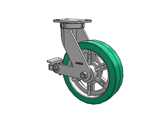 410 Series Top Plate Swivel Caster with 12 x 3 Green Tread on Black Cast Iron Core PX - Thick Polyurethane (Cast Iron Core) Wheel and Poly Cam Brake