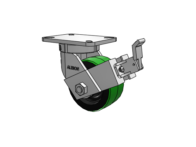 410 Series Top Plate Swivel Caster with 6 x 3 Green Tread on Black Cast Iron Core PY - Polyurethane (Cast Iron Core) Wheel and Face Brake