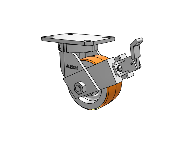410 Series Top Plate Swivel Caster with 6 x 3 Red-Orange Tread on Cast Iron Core PY - Polyurethane 80A (Cast Iron Core) Wheel and Face Brake
