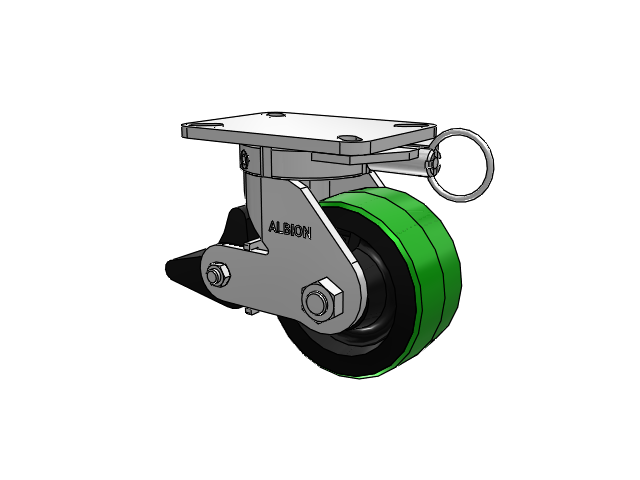 410 Series Top Plate Swivel Caster with 6 x 3 Green Tread on Black Cast Iron Core PY - Polyurethane (Cast Iron Core) Wheel and Poly Lock Integrated Brake