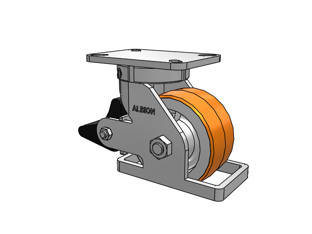 410 Series Top Plate Swivel Caster with 6 x 3 Red-Orange Tread on Cast Iron Core PY - Polyurethane 80A (Cast Iron Core) Wheel and Poly Lock Integrated Brake