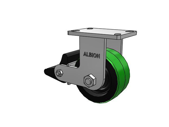 410 Series Top Plate Rigid Caster with 6 x 3 Green Tread on Black Cast Iron Core PY - Polyurethane (Cast Iron Core) Wheel and Poly Lock Integrated Brake