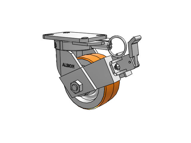 410 Series Top Plate Swivel Caster with 6 x 3 Red-Orange Tread on Cast Iron Core PY - Polyurethane 80A (Cast Iron Core) Wheel and Face Brake