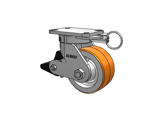 410 Series Top Plate Swivel Caster with 6 x 3 Red-Orange Tread on Cast Iron Core PY - Polyurethane 80A (Cast Iron Core) Wheel and Poly Lock Integrated Brake