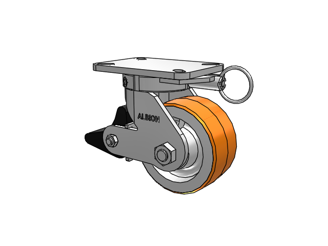 410 Series Top Plate Swivel Caster with 6 x 3 Red-Orange Tread on Cast Iron Core PY - Polyurethane 80A (Cast Iron Core) Wheel and Poly Lock Integrated Brake