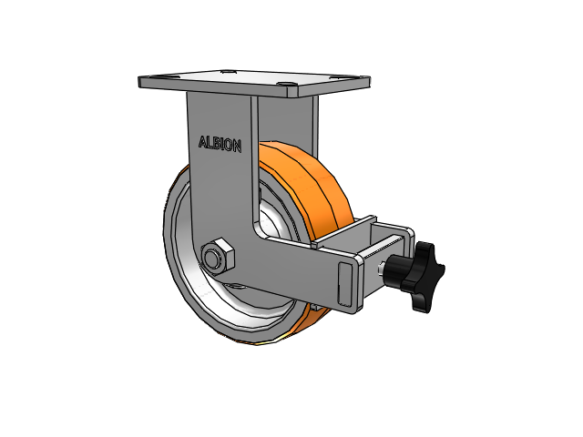 410 Series Top Plate Rigid Caster with 8 x 3 Red-Orange Tread on Cast Iron Core PY - Polyurethane 80A (Cast Iron Core) Wheel and Face Brake