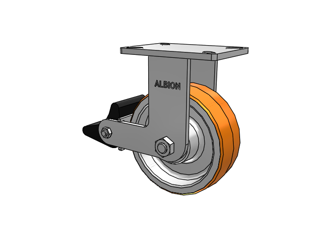 410 Series Top Plate Rigid Caster with 8 x 3 Red-Orange Tread on Cast Iron Core PY - Polyurethane 80A (Cast Iron Core) Wheel and Poly Lock Integrated Brake
