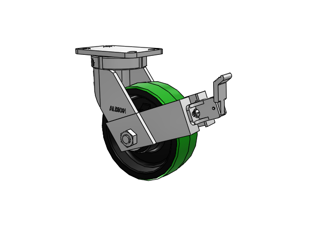 410 Series Top Plate Swivel Caster with 8 x 3 Green Tread on Black Cast Iron Core PY - Polyurethane (Cast Iron Core) Wheel and Face Brake