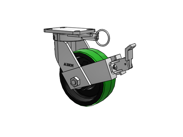 410 Series Top Plate Swivel Caster with 8 x 3 Green Tread on Black Cast Iron Core PY - Polyurethane (Cast Iron Core) Wheel and Face Brake