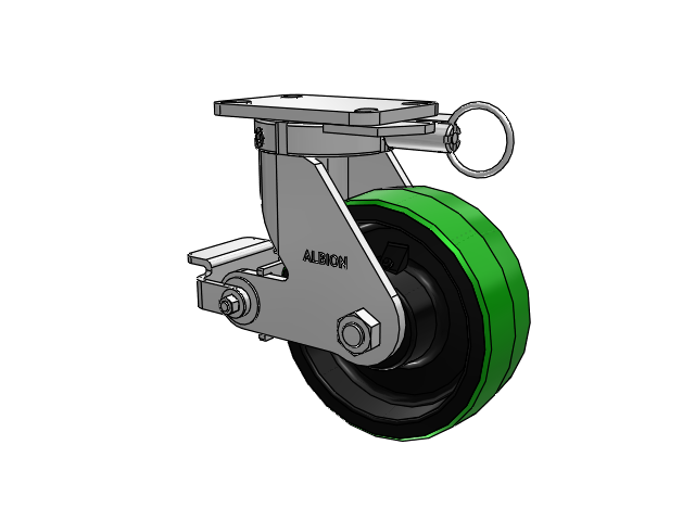 410 Series Top Plate Swivel Caster with 8 x 3 Green Tread on Black Cast Iron Core PY - Polyurethane (Cast Iron Core) Wheel and Poly Cam Brake