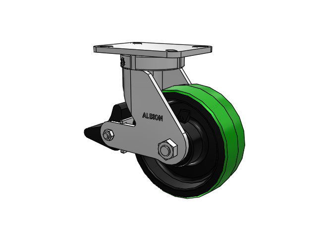 410 Series Top Plate Swivel Caster with 8 x 3 Green Tread on Black Cast Iron Core PY - Polyurethane (Cast Iron Core) Wheel and Poly Lock Integrated Brake
