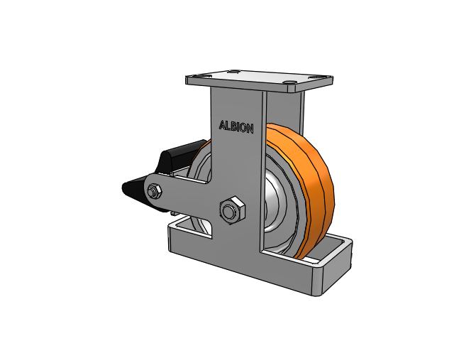 410 Series Top Plate Rigid Caster with 8 x 3 Red-Orange Tread on Cast Iron Core PY - Polyurethane 80A (Cast Iron Core) Wheel and Poly Lock Integrated Brake