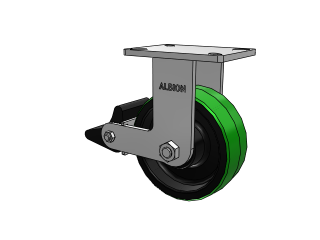410 Series Top Plate Rigid Caster with 8 x 3 Green Tread on Black Cast Iron Core PY - Polyurethane (Cast Iron Core) Wheel and Poly Lock Integrated Brake