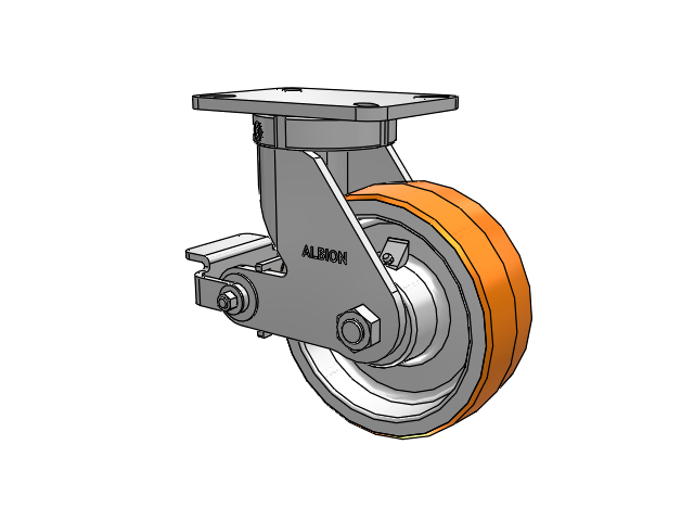 410 Series Top Plate Swivel Caster with 8 x 3 Red-Orange Tread on Cast Iron Core PY - Polyurethane 80A (Cast Iron Core) Wheel and Poly Cam Brake
