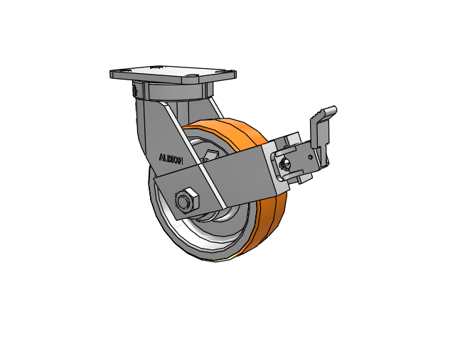 410 Series Top Plate Swivel Caster with 8 x 3 Red-Orange Tread on Cast Iron Core PY - Polyurethane 80A (Cast Iron Core) Wheel and Face Brake